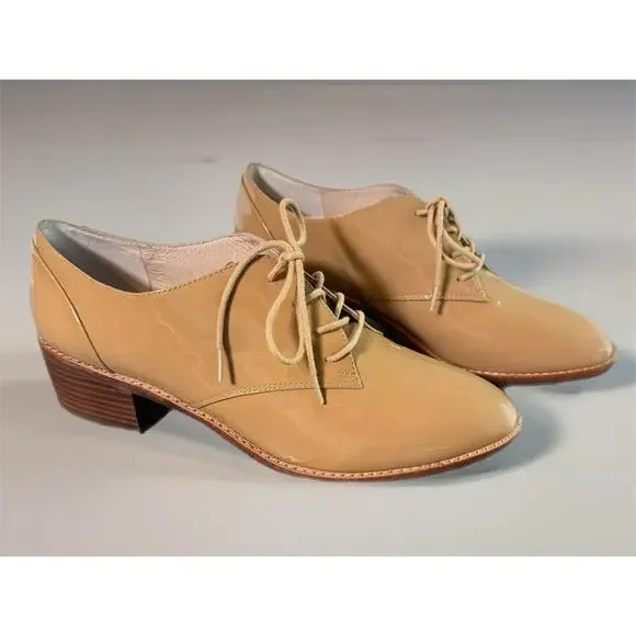 Louise et Cie Patent Oxford Shoes 9M Tan Lace-Up Block Heel Vintage Inspired - Picture 1 of 16